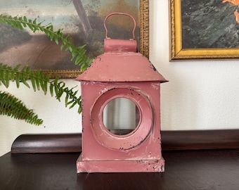 Vintage Primitive Rustic Pink Metal and Glass Hanging Candle Lantern