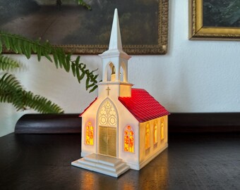 Vintage Celluloid Church, (X5) Light up Church, Church Lamp