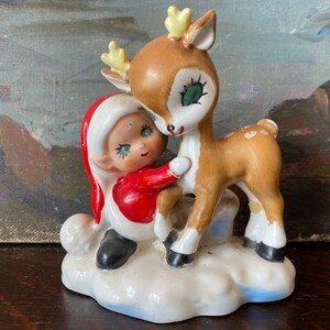 Vintage Lefton Santakins and Reindeer Candle Holder Vintage Christmas Elf and Fawn Candle Holder Vintage Lefton Santakins Vintage Christmas