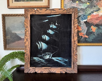 Mid-Century Ghost Ship Black Velvet Painting Framed