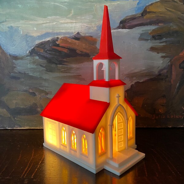 Iglesia de luz musical de celuloide vintage Lámpara de iglesia de Navidad vintage Caja de música de iglesia iluminada vintage Luz de catedral de Navidad vintage