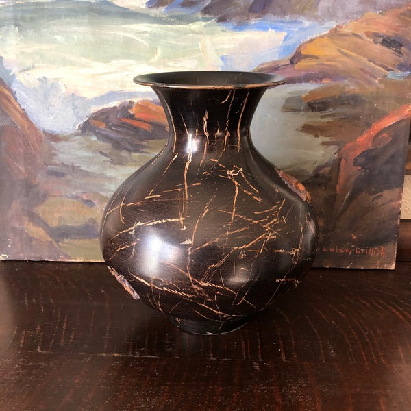 Vintage Contemporary Modernist Inlaid Metal Vase Vintage Inlaid Black Metal Vase Vintage Inlaid Metal Vase Vintage Metal Vase Vintage Vase