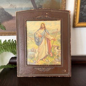 Vintage &quot;Jesus, The Good Shepherd&quot; in Easel Back Frame Vintage Jesus Portrait Vintage Religious Lithograph Vintage Jesus Lithograph