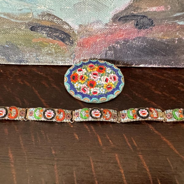 Ensemble bracelet et broche en micro mosaïque italienne vintage, bijoux italiens vintage, bijoux en mosaïque italienne vintage, broche en mosaïque vintage