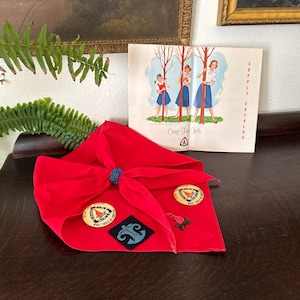 50s-60s Camp Fire Girls Neckerchief, Neckerchief Slide, Badge, Pinback Buttons, and Supply Catalog Set