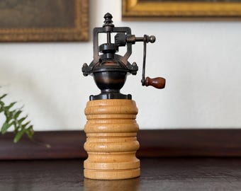 Vintage Hand-Turned Wood and Copper Metal Crank Peppermill Herb Grinder