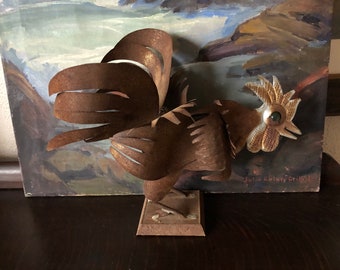 Vintage Mid Century Brutalist Folk Art Rooster Sculpture Vintage Brutalist Tin Rooster Mid Century Brutalist Chicken Vintage Tin Rooster