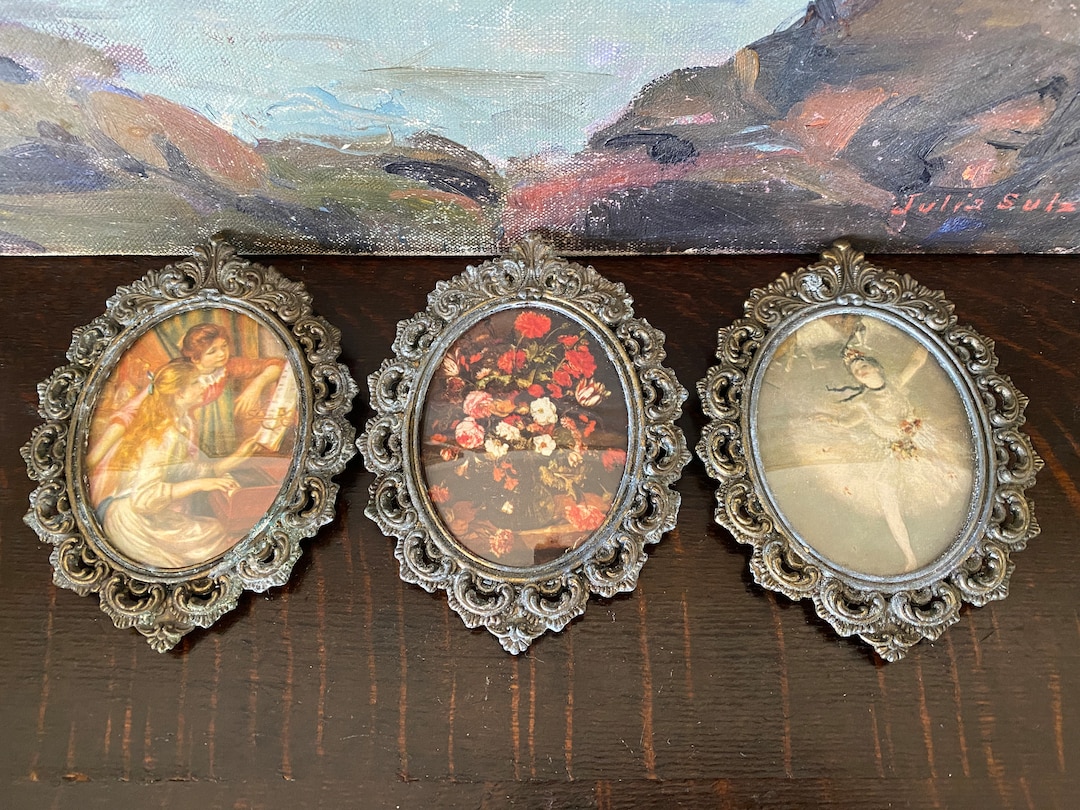 Vintage Italian Metal Filigree Picture Frame Print Set of 3 Vintage