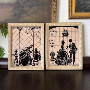 2 Vintage Reverse Glass Victorian Portrait Paintings Vintage Reverse Silhouette Glass Painting Vintage Silhouettes Vintage Framed Silhouette