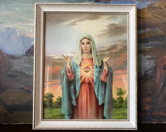 Vintage Framed "Immaculate Heart of Mary" Vintage Virgin Mary Lithograph Vintage Catholic Art Vintage Religious Gifts Vintage Mary Art