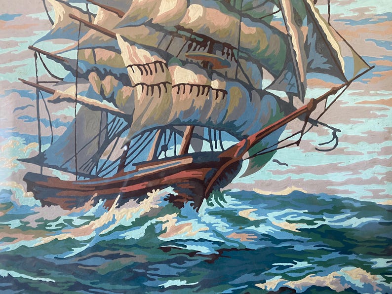 May include: A painting of a large sailing ship with white sails, a brown hull, and a blue and green ocean. The ship is sailing through choppy waves.