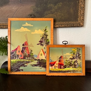 2 Vintage Dutch Windmill Paintings Vintage Pair of Windmill Paintings Vintage Holland Landscape Paintings Vintage Dutch Painting Set of 2