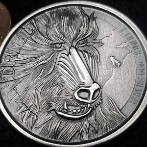 2020 Cameroon Mandrill Monkey, 1 Troy Ounce of .999 Antiqued Silver Coin