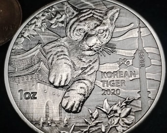 2020 Antiqued Korean Mint Tiger Cub, 1 Troy Ounce of 999 Fine Silver