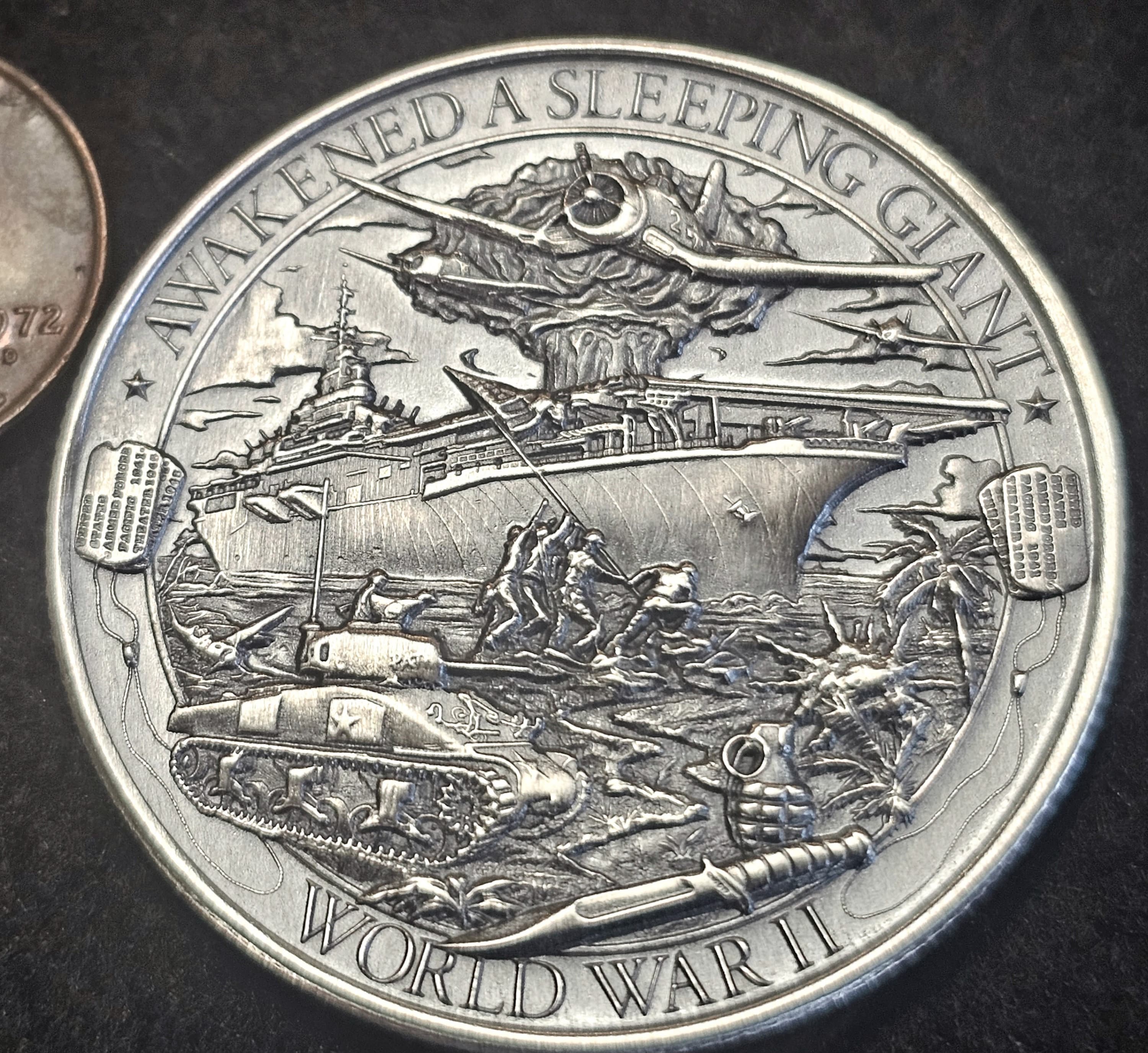 World War 2, 'Awakened a Sleeping Giant' 1 Troy Ounce of 99.9 Antiqued Silver