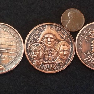 Lot number 108. Three pieces total. Each piece is solid 99.9 percent pure fine antiqued copper weighing in at 1 full ounce each piece.