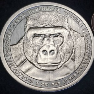2016 Congo Silverback Gorilla , 1 Troy Ounce of .999 Antiqued Silver Coin