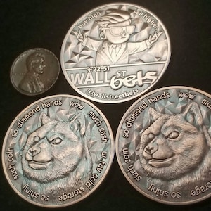 Doge & Wall Street Bets, three .999 pure copper 1 oz antiqued collector’s pieces.