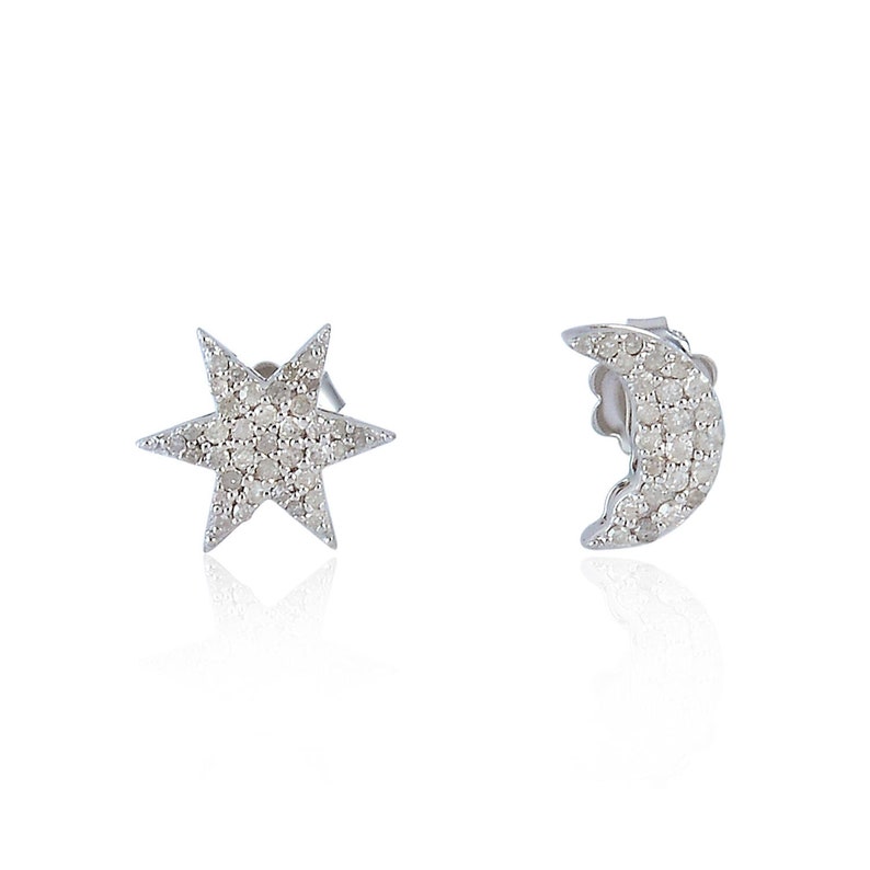 Crescent Moon & Star Stud Earrings Pave Diamond 925 Sterling - Etsy