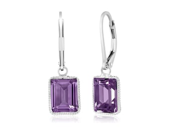 Emerald Cut Purple Amethyst Lever Back Earrings 925 Sterling Silver February Birthstone Jewelry Gift for Women