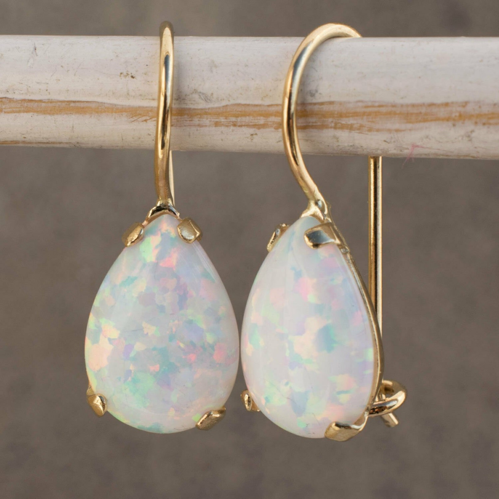 Pear Shaped White Opal Gemstone Kidney Hook Earrings 14k Yellow Gold