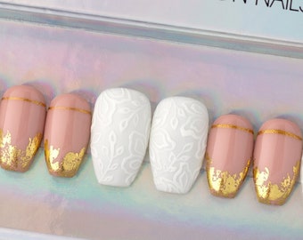 PRESS ON NAILS | White lace | Wedding | Bridal | White | Gold | Nude | Short | Luxe