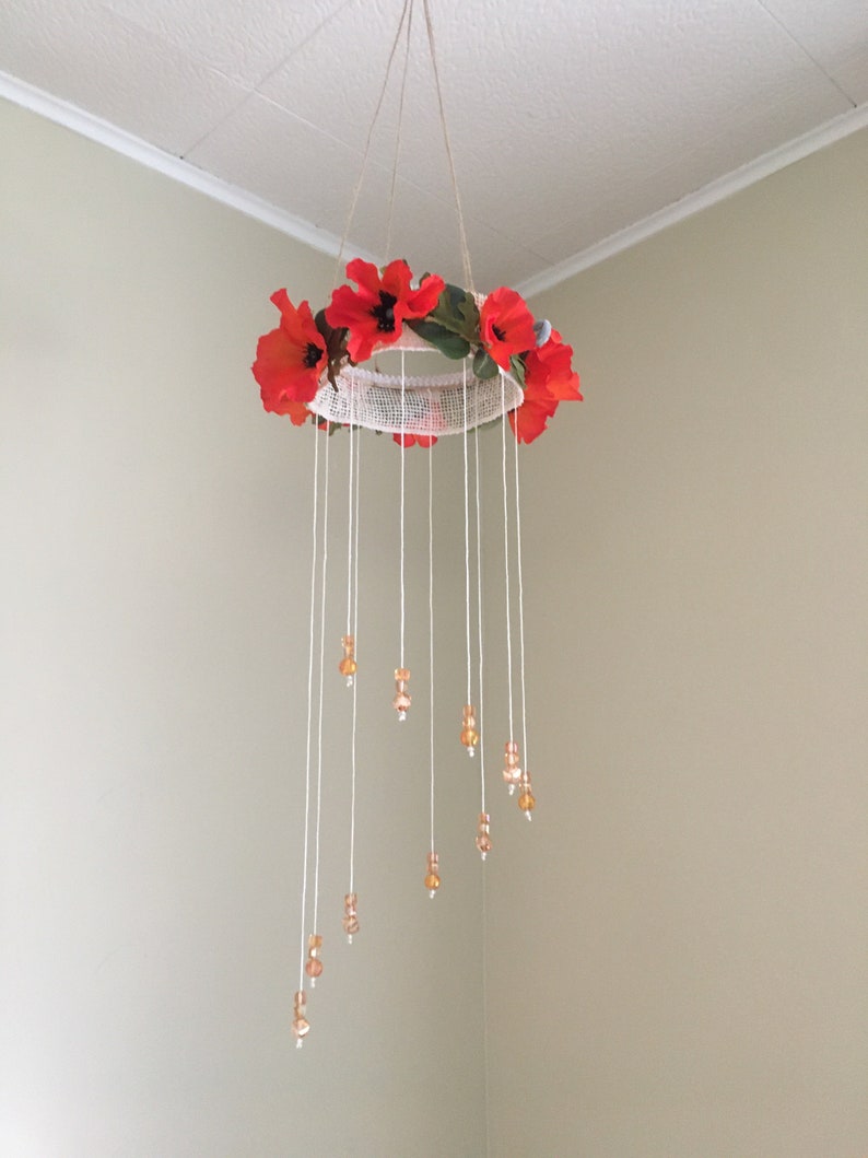 Orange nursery decor Poppy Mobile Baby shower gift Flower Mobile push gift Orange floral nursery Orange floral mobile Crystal Mobile