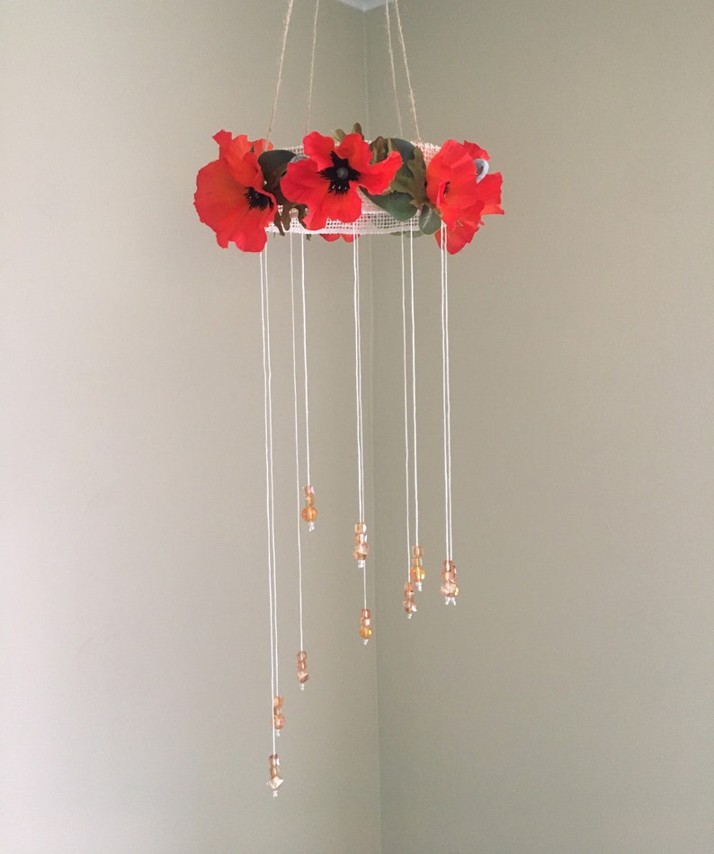 Orange nursery decor Poppy Mobile Baby shower gift Flower Mobile push gift Orange floral nursery Orange floral mobile Crystal Mobile