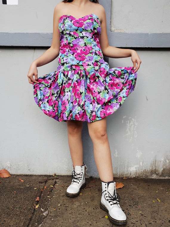 80s Vibrant Flowery Puff Dress