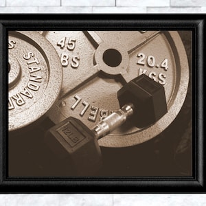 weight plate photo, barbell photo, gym décor, home gym décor, bodybuilding art, weightlifting art, weight lifter gift, sepia gym decor