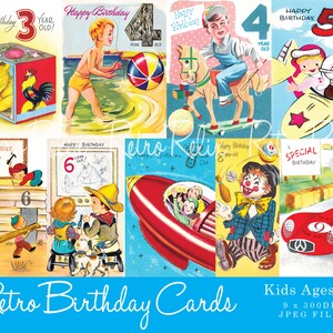Kitschy Kids Retro/Vintage Birthday Cards, tom 1 | Obrazy cyfrowe w formacie JPEG o rozdzielczości 300 dpi, do natychmiastowego pobrania | Wydrukuj własne obiekty clipart/do scrapbookingu!