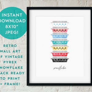 May include: A stack of seven vintage Pyrex baking dishes with a snowflake pattern in various colors, including blue, pink, green, yellow, red, and black. The dishes are stacked on top of each other and the word "snowflake" is written below the stack.