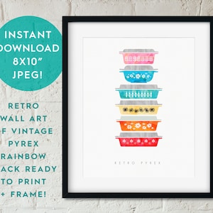 INSTANT DOWNLOAD Pyrex Vintage &#39;Unicorn&#39; Stack  | 8x10 Mini Poster/Art Printable in Watercolor/Art Paper | Retro Kitchenware, Print Your Own