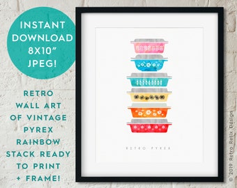 INSTANT DOWNLOAD Pyrex Vintage 'Unicorn' Stack  | 8x10 Mini Poster/Art Printable in Watercolor/Art Paper | Retro Kitchenware, Print Your Own