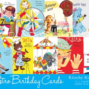 Kitschy Kids Retro/Vintage Birthday Cards Vol 2 | Cyfrowe obrazy JPEG 300dpi do natychmiastowego pobrania | Wydrukuj własne cliparty/scrapbooking!