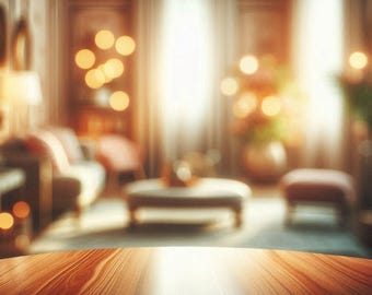 May include: A warm, inviting interior scene with a wooden table in the foreground. The background is blurred, featuring a living room with a sofa, ottoman, and soft lighting. The color palette is dominated by warm browns and oranges.