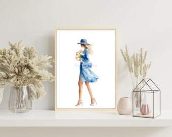 Fashion Illustration Watercolor Art Print - Baby Blue Girl Walking
