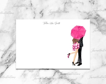 Personalized Stationery Set: Engagement, Couple Under Umbrella, Couple, Wedding, Announcement, Cute Couple, Fashion Illustration