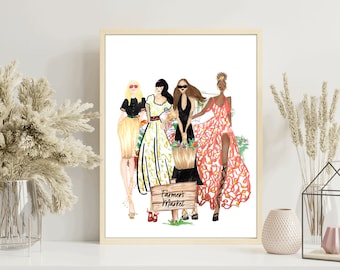 Fashion Illustration Watercolor Art Print  - Farmer's Market Girls