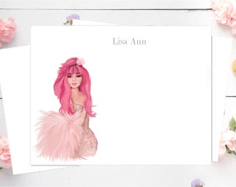 Custom Stationery Set: Pink Girl,  Custom Stationery Girl, Personalized Stationery, Spring Stationery, Pink Stationery, Fashion Note Cards