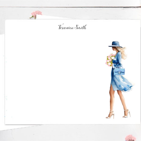 Personalized Stationery Set: Blue Flower Girl Watercolor, Girl Walking, Feminine, Baby Blue Dress