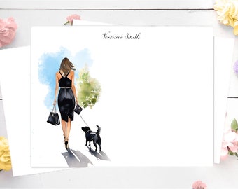 Personalized Stationery Set:  Little Black Dress Girl Walking Dog, Working Girl, Girl Boss, Personalized Stationery, Personalized Girl