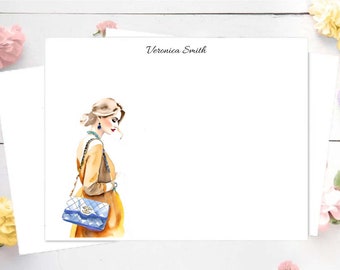 Fashion Illustration Note Card Set - Luxury Girl - Elegant Girl - Personalized Stationery Set