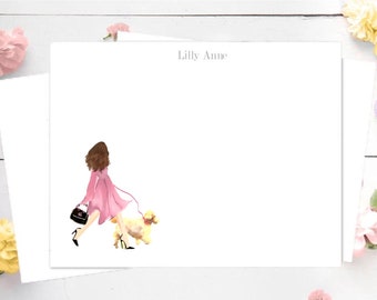 Personalized Stationery Set: Pink Coat Walking GoldenDoodle,  Custom Stationery Girl,  Personalized Stationery, Personalized Stationery Girl