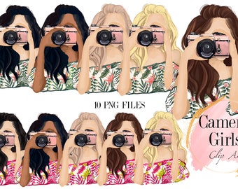 Girls with Cameras Clipart, Girls with cameras clip art, Camera Girls Clip art, Photographer logo, Photographer Graphics