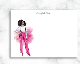 May include: A digital illustration of a woman with dark skin and curly hair wearing a white turtleneck sweater and pink striped pants. The woman is standing with her hands on her hips and is looking to the right. The background is a pink watercolor wash with gold glitter.
