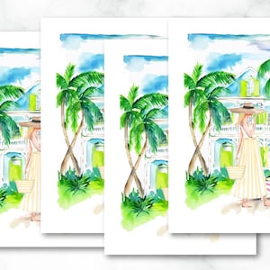 May include: A watercolor painting of a woman in a straw hat walking past a white house with green trim. The house has palm trees in front of it and a bicycle is parked nearby.