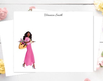 Black Girl Stationery, Pink Spring Flowers, Black Girl Note Cards, Black Girl Art, Watercolor Stationery,