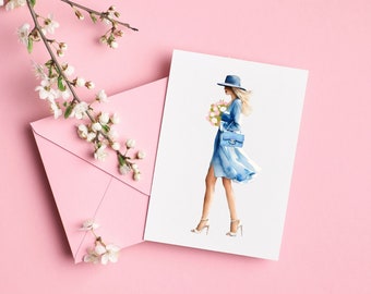 Fashion illustration Card with blank inside - Baby Blue Flowers