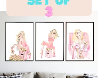 Set of 3 Fashion Illustration Watercolor Art Prints - Pretty in Pink Collection